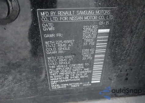 2015 Nissan Rogue Sv from USA, damaged, VIN KNMAT2MV9FP549256